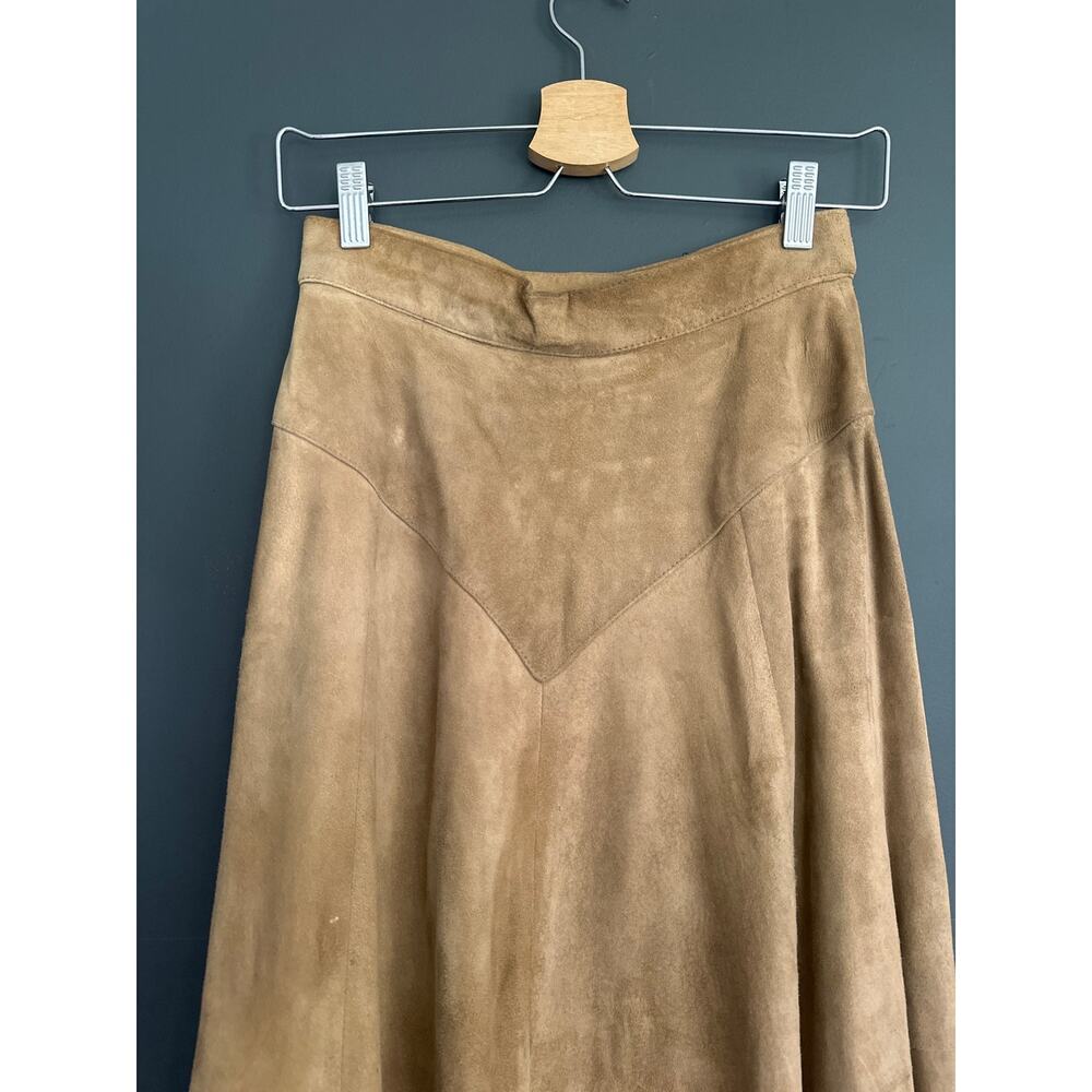 Vintage Tan Western Genuine Leather Lamb Suede Flare High Waist Midi Skirt Sz 8 - Picture 5 of 10